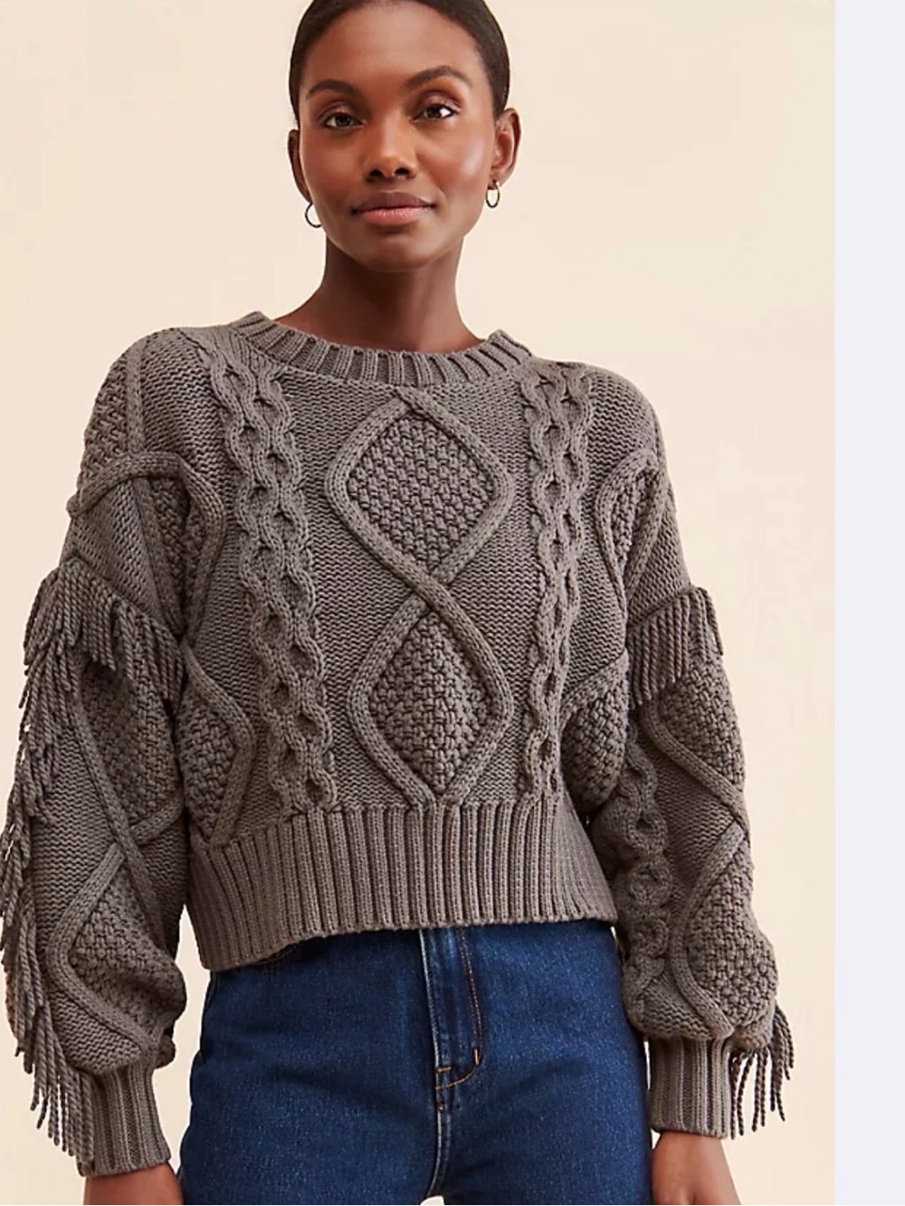 Line & Dot Charcoal Cable Knit Fringe Crewneck Sweater